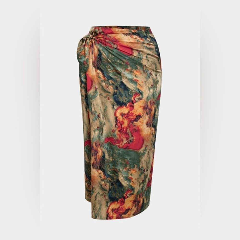 Plus Size Abstract Print Satin Tie Front Skirt M PG2-29